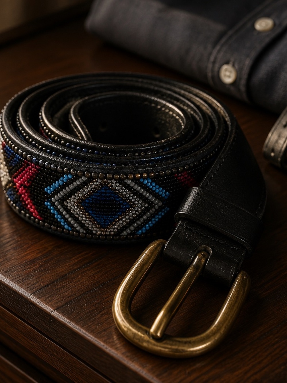 Isabel Marant Black Leather River Belt with Beaded Blue and Red Geometric Detail